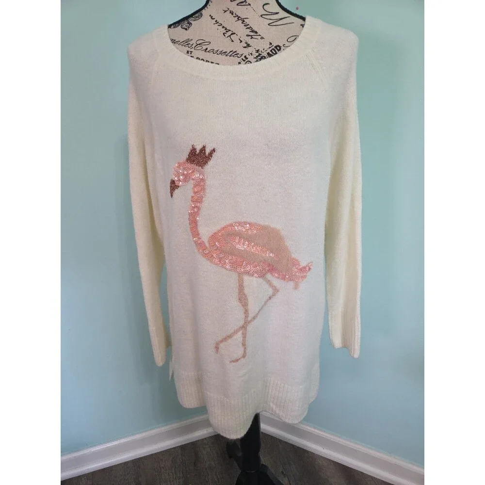 Lauren Conrad Sweater Medium White Cream Bird Sequins Active Casual Preppy